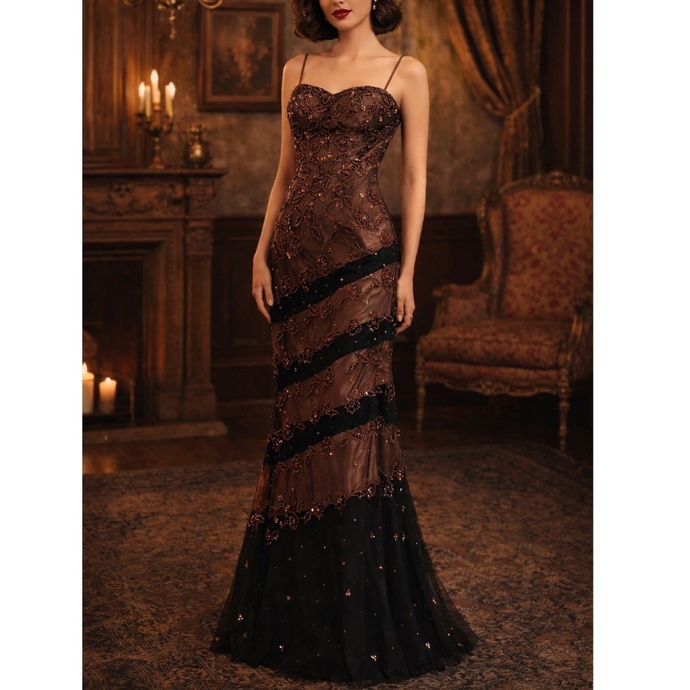 VTG Clare's Collection Beaded Lined Black Mesh Silk Blend Evening Gown *Plz Read